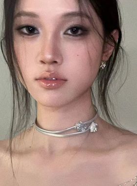 银色玫瑰花锁骨链甜酷双层冷淡风小众项链choker纯欲辣妹高级项圈