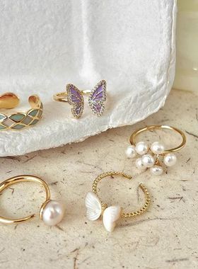 蝴蝶戒指女小众设计高级感独特指环珍珠蝴蝶结赫本风vintage指戒