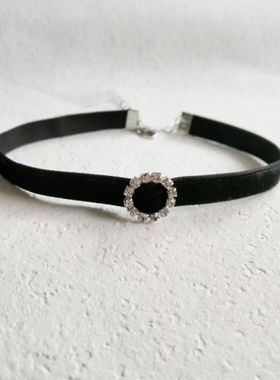 圆形水钻闪钻扣轻奢高级丝绒颈链黑色短绒带项链choker百搭脖链