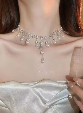 珍珠镂空蝴蝶锆石流苏叠戴项链女choker小众高级感气质轻奢锁骨链