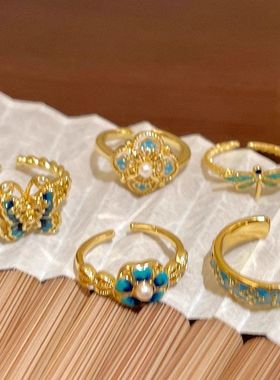 新中式珐琅镂空蝴蝶戒指女轻奢ins小众设计高级感古风食指戒指环