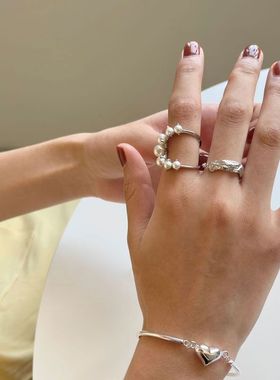 轻奢气质珍珠戒指ins小众设计高级拼接锡箔食指戒闺蜜高颜值指环