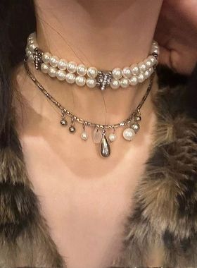 WEIXIA/.原创 珍珠十字项链叠戴水滴钛钢choker