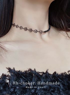 黑色玫瑰花朵项链简约ins风高级感choker锁骨链女颈链chocker项圈