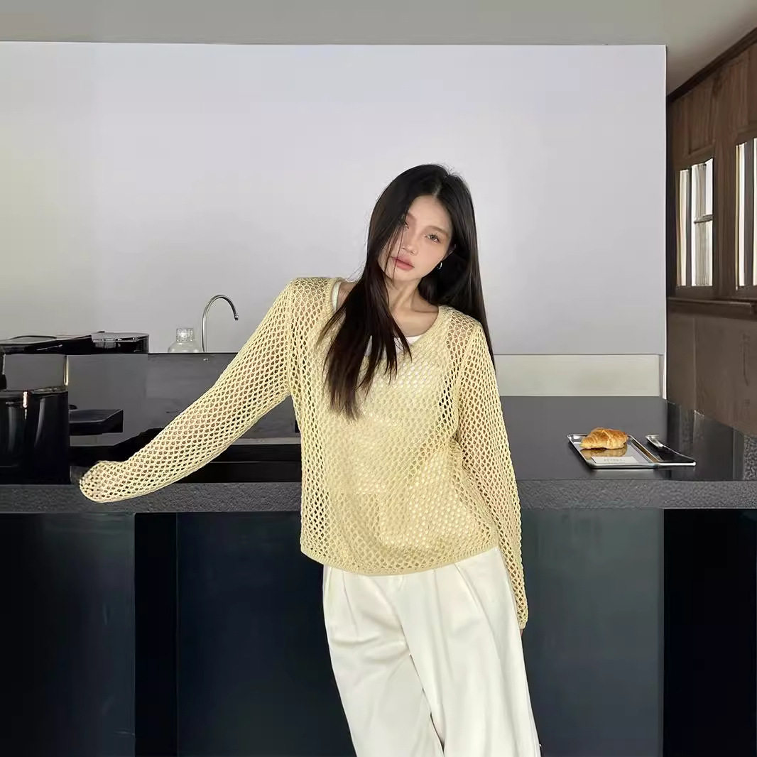 XinmonLee设计感小众别致打底针织背心镂空长袖夏女显瘦两件套装