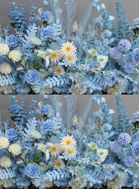 新款婚庆地排花仿真花婚礼布置装饰花排路引花婚礼假花蓝色仿真花