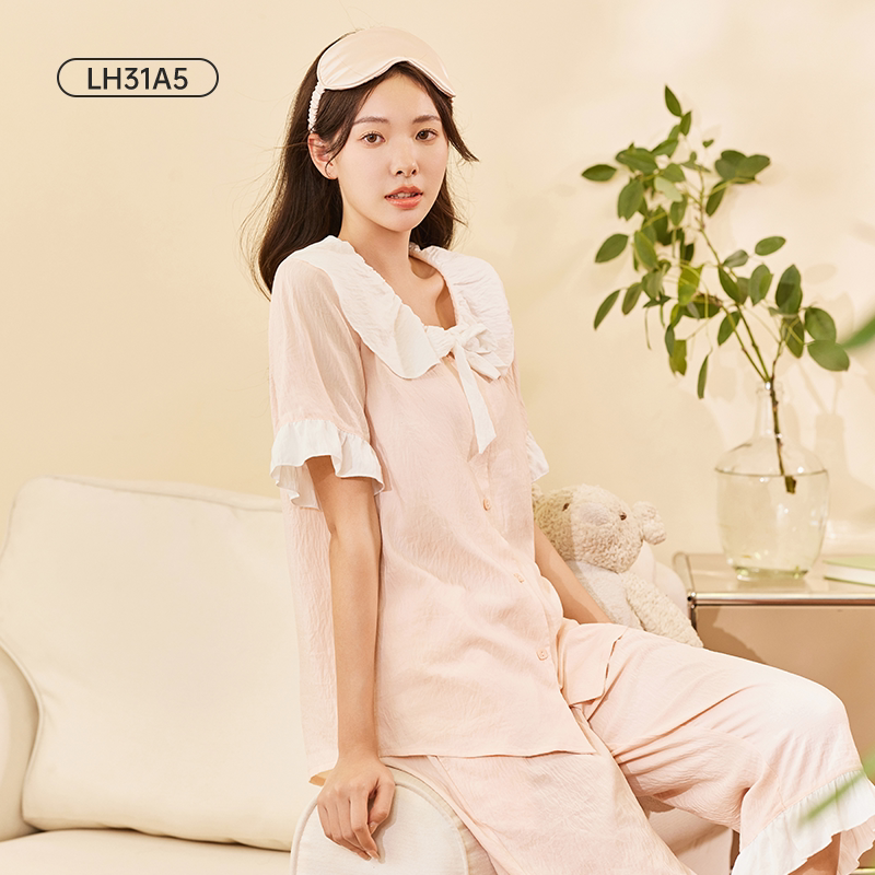 都市丽人春夏新款娃娃领薄开衫减龄短袖睡衣女家居服lh31a6lh31a5