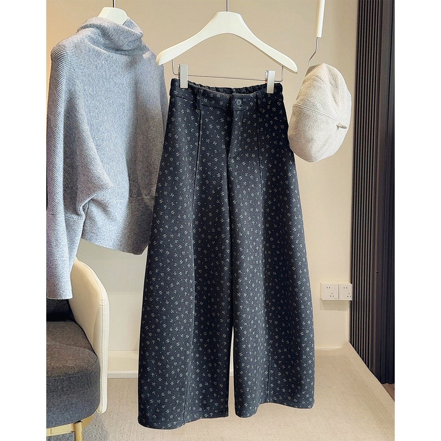 复古文艺碎花加绒加厚毛呢阔腿裤女秋冬高腰显瘦减龄百搭弯刀裤女,女装/女士精品,休闲裤,淘宝优惠券,粉丝福利购,淘宝优惠卷