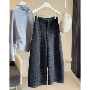 复古文艺碎花加绒加厚毛呢阔腿裤 女 女秋冬高腰显瘦减龄百搭弯刀裤