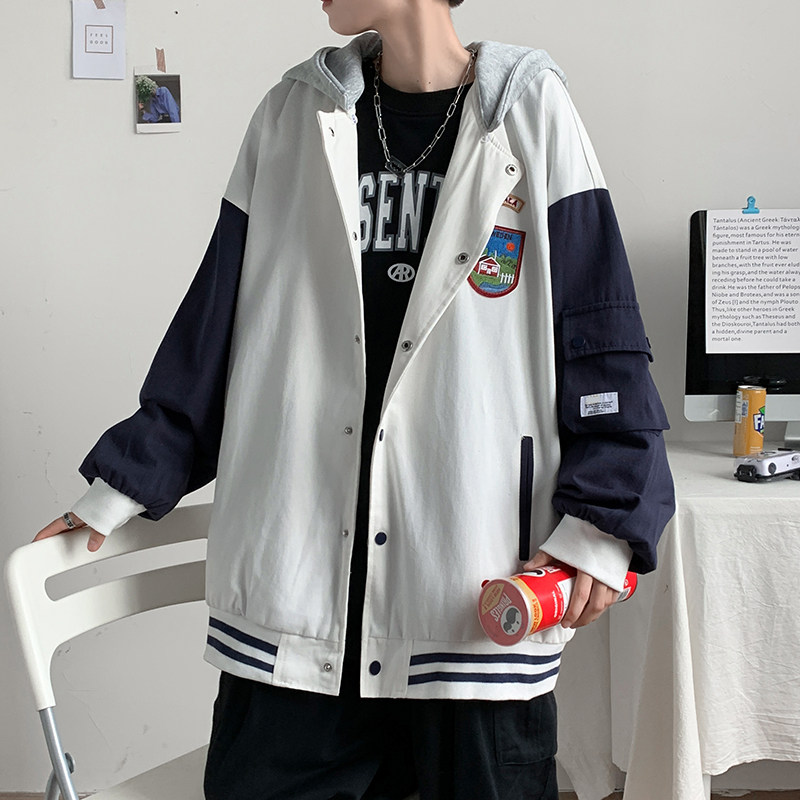 棒球服男春秋潮牌宽松拼接夹克港风潮流连帽休闲上衣JK0B10-P55,男装夹克,星座308B-2