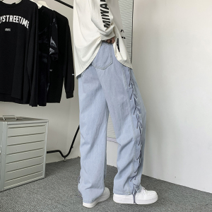 美式炸街牛仔裤秋新款阔腿烟管长裤设计感绑带嘻哈潮N088-P55图片