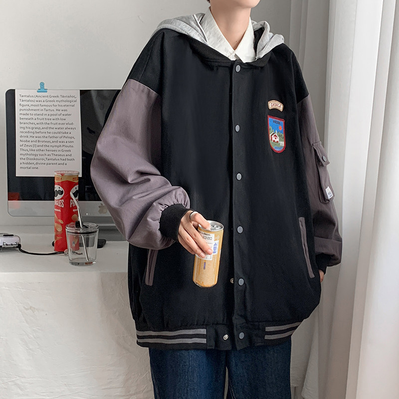 棒球服男春秋潮牌宽松拼接夹克港风潮流连帽休闲上衣JK0B10-P55,男装夹克,星座308B-2