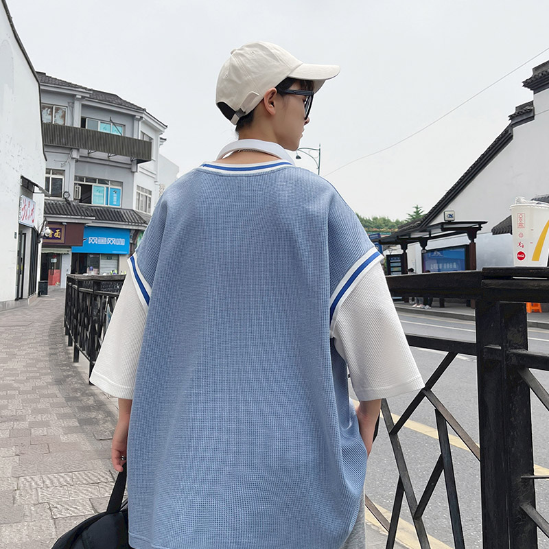 假两件短袖T恤男潮牌ins夏季港风宽松上衣服嘻哈半袖体恤T165,男装T恤,星座308B-2