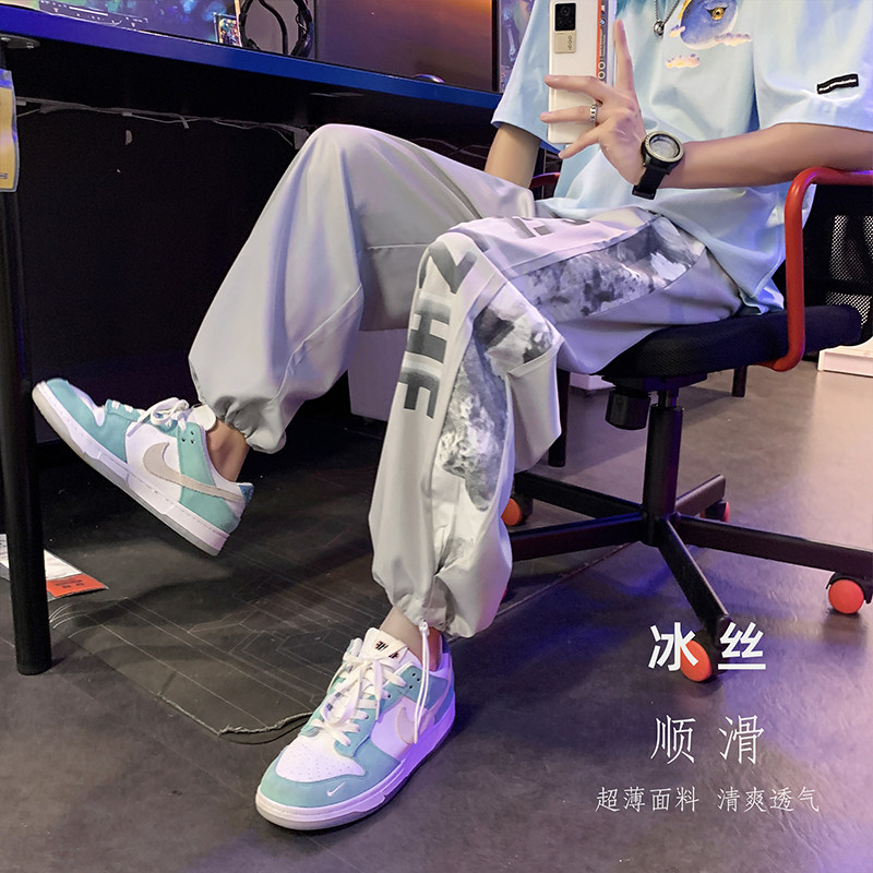 男束脚休闲长裤子夏季薄款韩版潮流冰丝运动九分阔腿裤图片
