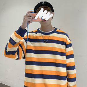 春秋卫衣男士圆领长袖宽松条纹上衣情侣百搭ins港风WY049图片