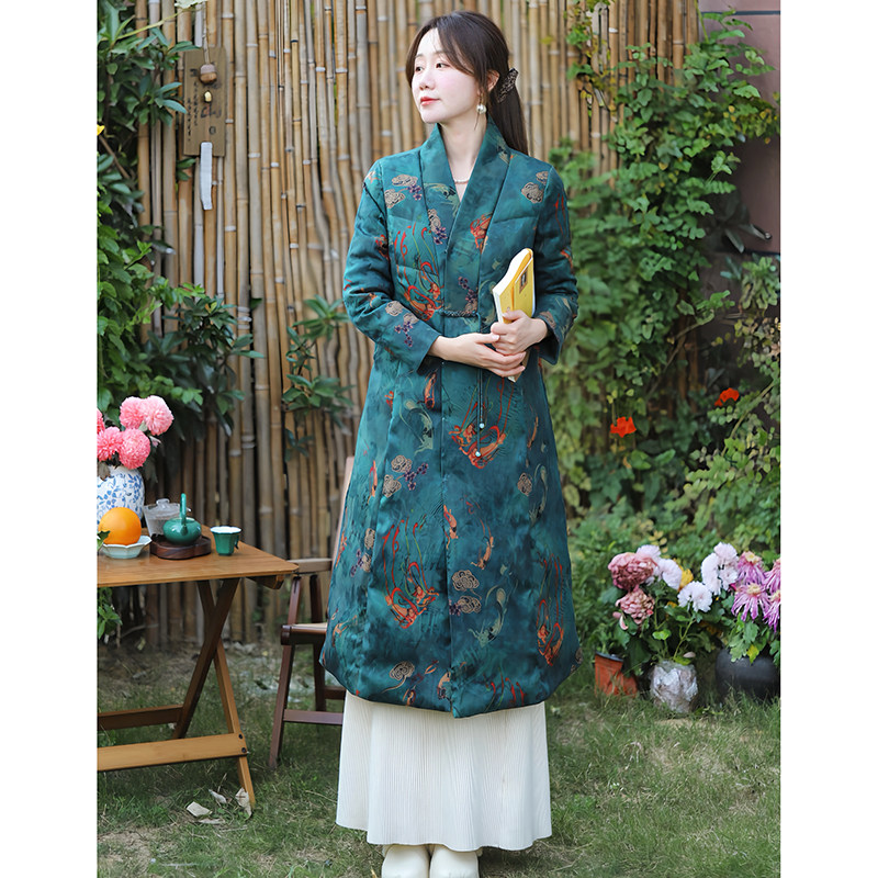 柑香素染香云纱长款羽绒服新中式