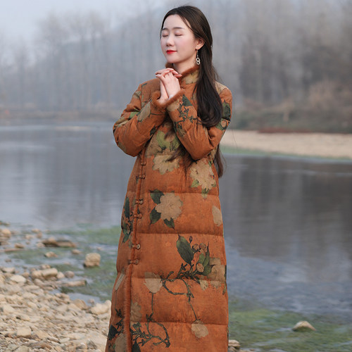 复古桑蚕丝长款立领纯手工羽绒服