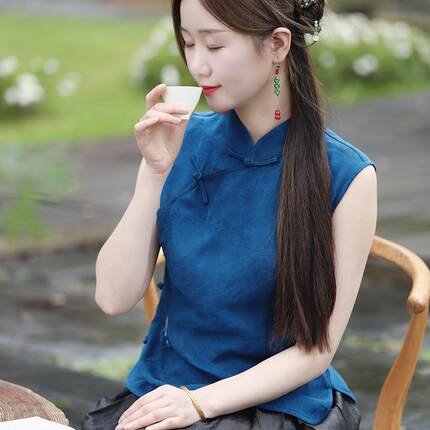 柑香素染【忆梦】绢纺真丝香云纱中式复古马甲立领无袖复古上衣夏
