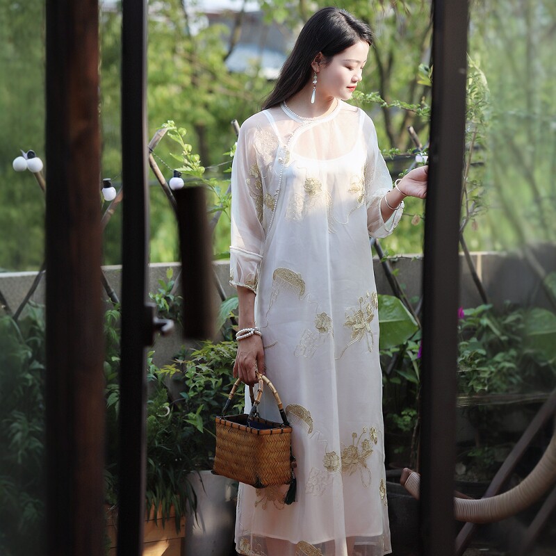 真丝欧根纱连衣裙女25夏新中式