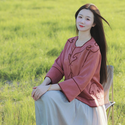 柑香素染【云霜】重工提花缎香云纱短外套新中式云肩古法上衣女装