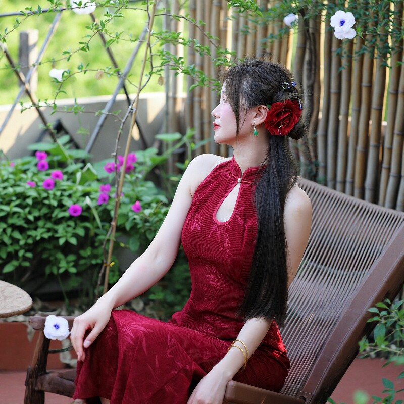 柑香素染绯红真丝绒旗袍连衣裙