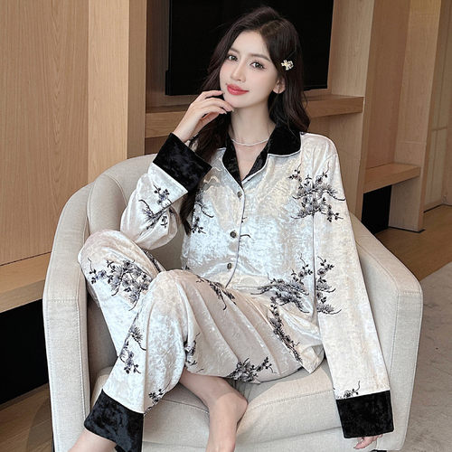 金丝绒水墨画梅花印花轻奢睡衣女