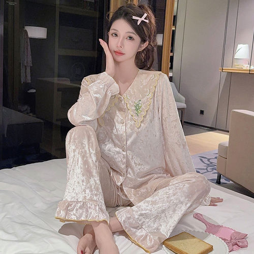 金丝绒轻奢花边娃娃领薄绒睡衣女