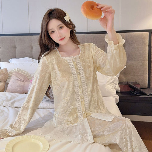 金丝绒法式宫廷风木耳裙边睡衣女