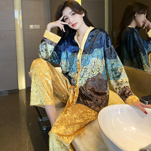 金丝绒V领油画宽松休闲睡衣女款