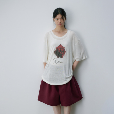 kani玫瑰印花宽松版亚麻短袖t恤