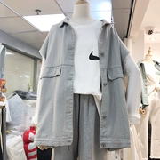 Đầu thu mới mới đơn cổ áo vuông cổ áo khoác denim cũ vest nữ giản dị buông thả ngắn vest hoang dã - Áo vest