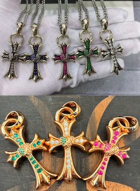 朋克彩钻爱心泰银十字架项链