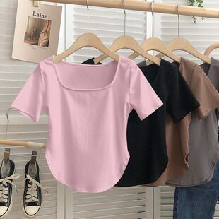 弧度下摆方领短袖女2026新款纯色t恤修身百搭锁骨打底衫上衣显瘦