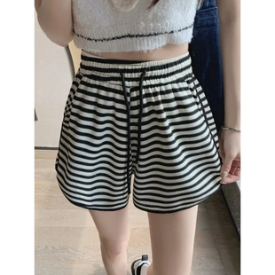 休闲运动短裤女夏季韩版2024新款高腰显瘦条纹松紧腰百搭外穿热裤