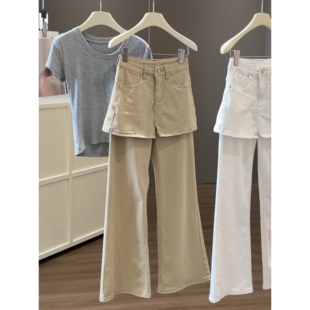 设计感假两件屁帘高腰阔腿微喇牛仔裤 韩版 显瘦喇叭长裤 女春夏新款