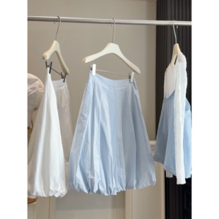 白色百褶花苞裙女夏季新款2026法式高腰显瘦防走光a字半身裙中裙