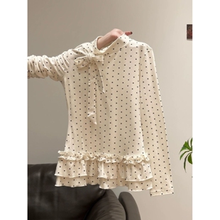 杏色波点绑带花边内搭打底衫女冬季叠穿设计感修身长袖t恤上衣女