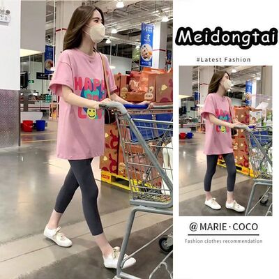 韩版休闲风穿搭装夏季女装宽松印花上衣搭九分鲨鱼裤时尚【单件】