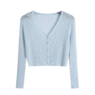 冰丝针织开衫薄款女夏防晒小罩衫外套V领长袖外搭短款空调衫上衣