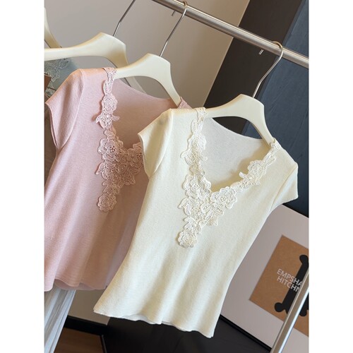 韩版时尚蕾丝短袖针织衫女夏设计感气质V领百搭修身显瘦洋气上衣