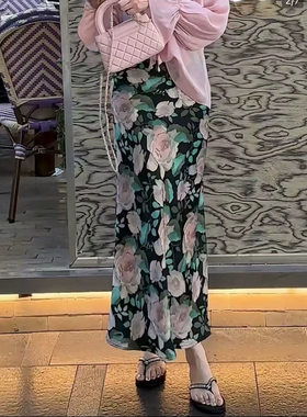 抖音爆款油画印花半裙修身高腰复古气质鱼尾裙包臀半身裙女夏长裙