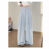 奶芙裤 高腰显瘦垂感小个子拖地阔腿裤 女夏季 2025新款 薄款 蓝色西装