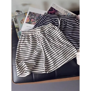 居家五分热裤 韩范高腰宽松休闲阔腿中裤 子 女夏季 外贸条纹运动短裤