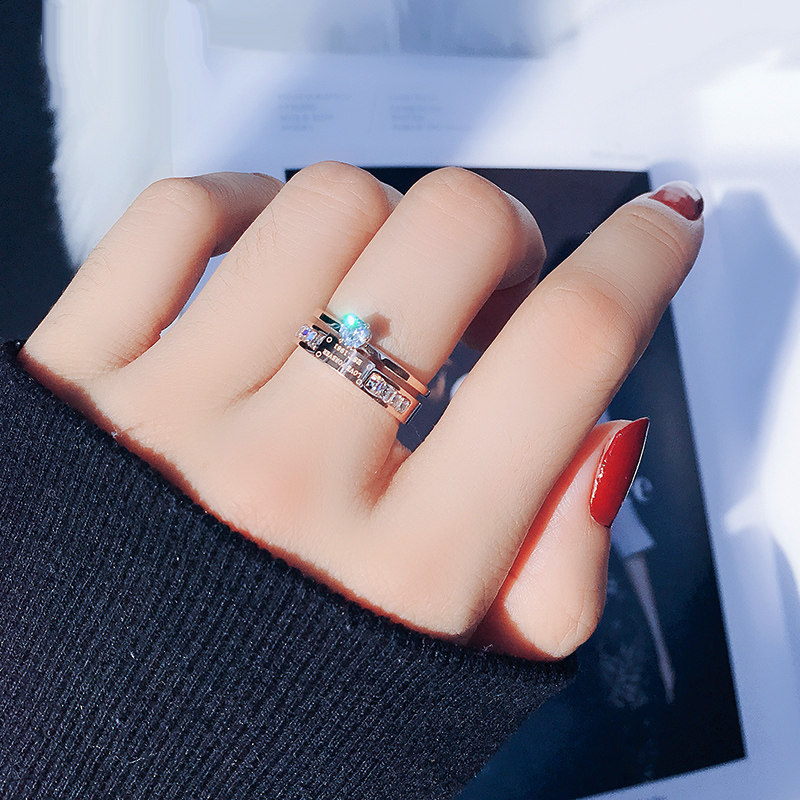 BIG ZIRCON TITANIUM STEEL DOUBLE-LAYER INDEX FINGER RING WOMENS LIGHT LUXURY FASHION HIGH-END SENSE OF PERSONALITY RINGS INS HIPSTERS COLD WIND