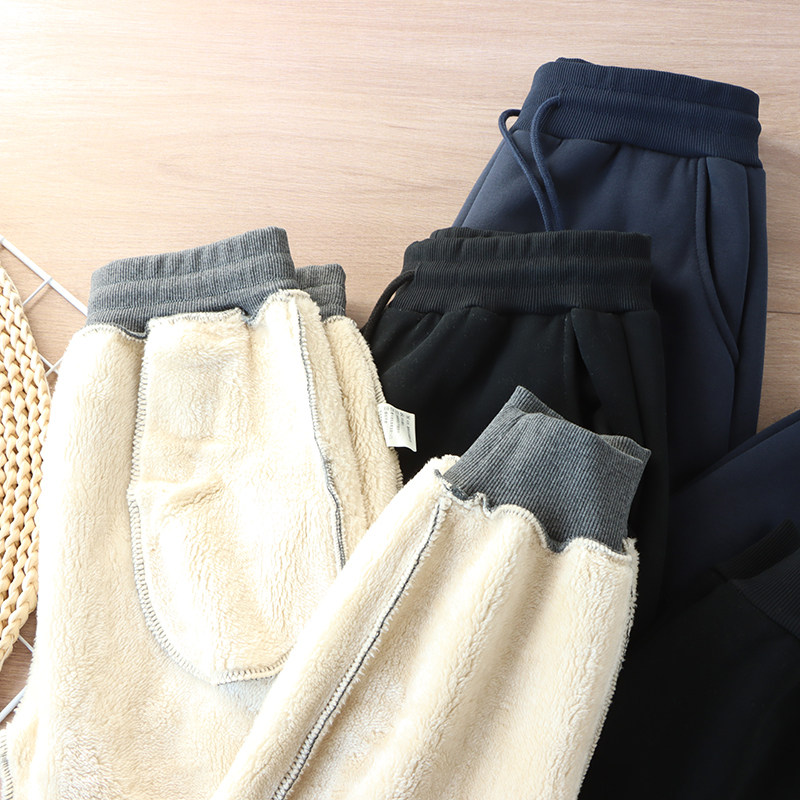 厚实保暖冬季羊羔绒卫裤外贸日单加绒加厚运动休闲束脚长裤大码男