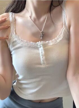 2024新款纯欲辣妹白色蕾丝吊带背心女带胸垫内搭修身上衣纯色打底
