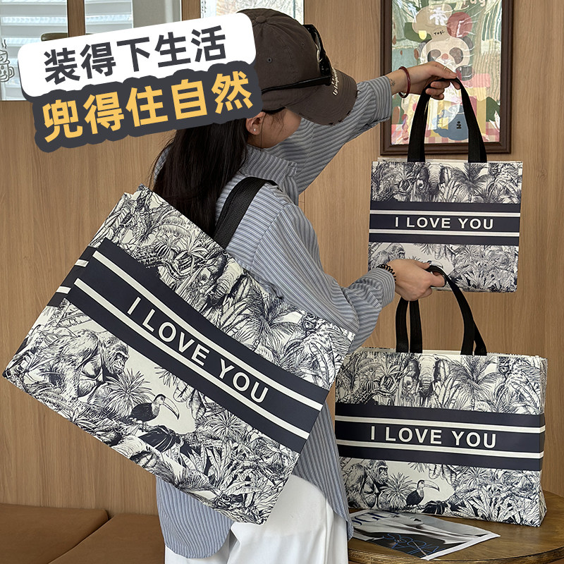 网红无纺布服装店购物袋高档印花手提袋文艺包装袋格子环保袋Y26