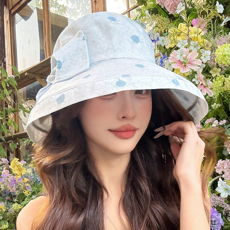 可爱ins波点渔夫帽夏季甜美大檐显脸小百搭帽子可折叠遮阳防晒帽