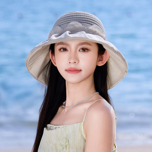 优雅蕾丝花边草编帽子女夏季大帽檐防晒遮阳帽显脸小可折叠太阳帽