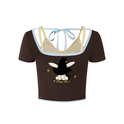 1 TROP FORT 25春夏新款女款辣妹紧身短袖蝴蝶结系带短款印花T恤